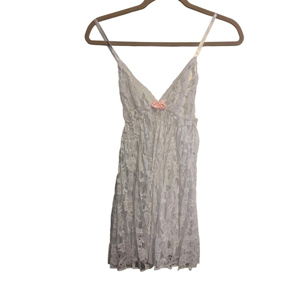 Vintage Fredericks of Hollywood White Lace Babydoll Chemise Pink Bow‎ Medium